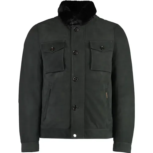 Winter Jackets, male, , Size: L Suede Jacket with Removable Fur Collar - Moorer - Modalova