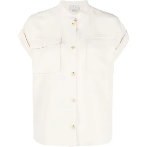 Linen Blend Band Collar Shirts , female, Sizes: S - Woolrich - Modalova