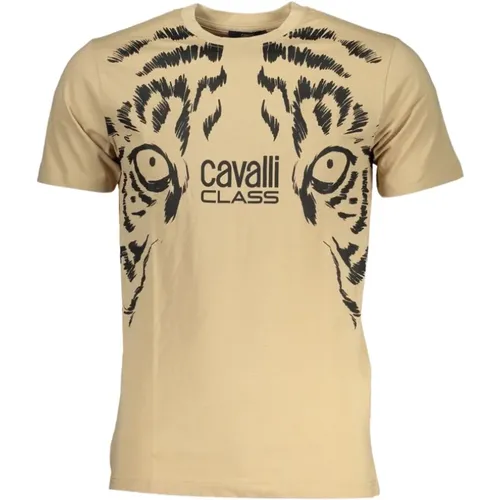 T-Shirts, male, , Size: XL Beige Cotton Print Logo T-Shirt - Cavalli Class - Modalova