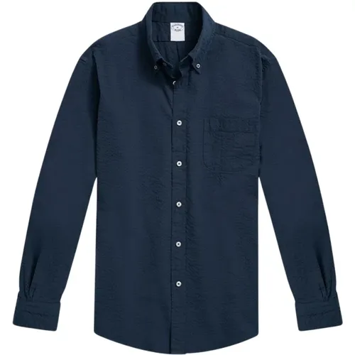 Marineblaues Regular Fit Baumwoll-Seersucker-Sportshirt mit Button-Down-Kragen , Herren, Größe: XS - Brooks Brothers - Modalova