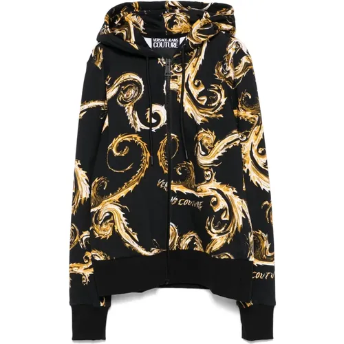 Zip-throughs, female, , Size: XS Black and Gold Fleece Sweatshirt - Versace Jeans Couture - Modalova