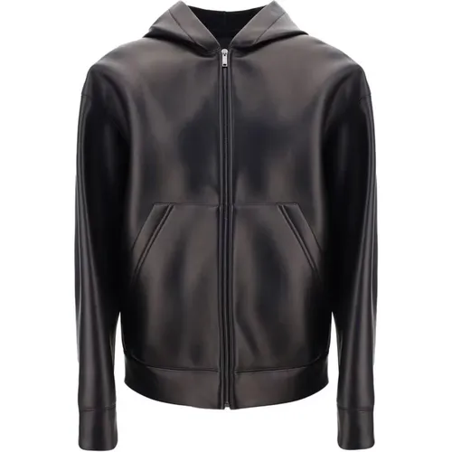 Zip-throughs, male, , Size: M Hooded Lambskin Leather Jacket with Pockets - Valentino - Modalova