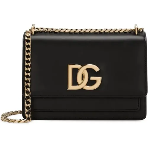 Schwarze Leder Crossbody Tasche mit Gold Logo Plakette - Dolce & Gabbana - Modalova