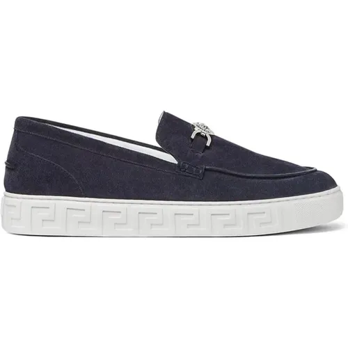 Navy Slip-On Medusa Plaque , male, Sizes: 6 UK, 10 UK, 7 UK, 8 UK, 9 UK - Versace - Modalova