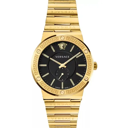 Watches, male, , Size: ONE SIZE Men's Watch Vevi00821 Greca Logo Black Gold Stainless Steel - Versace - Modalova