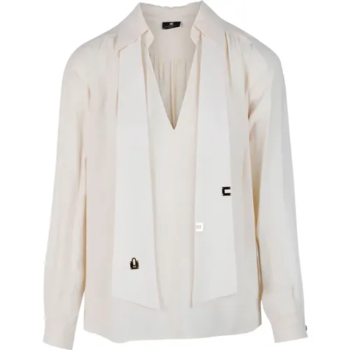 Elegant Cream Blouse with V-Neck and Collar Details , female, Sizes: XL, M - Elisabetta Franchi - Modalova