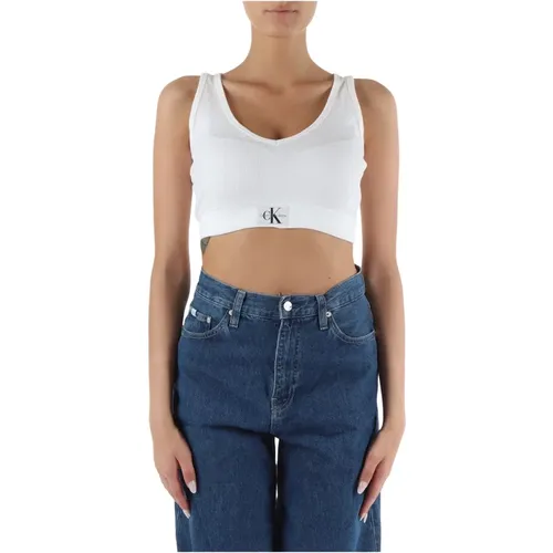 Stretch-Baumwoll-V-Ausschnitt-Rippentop , Damen, Größe: XS - Calvin Klein Jeans - Modalova