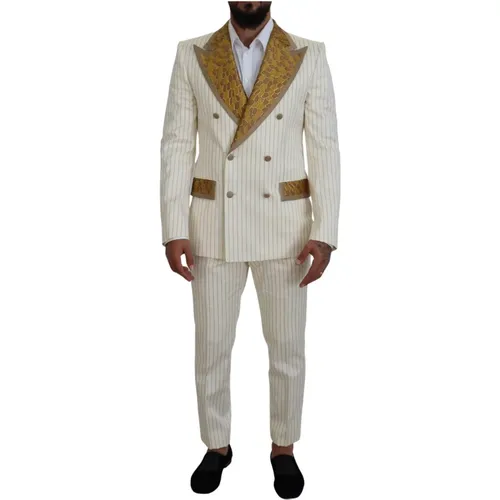 Double Breasted Suits, male, , Size: XL Dolce Gabbana Off White Gold Striped Tuxedo Slim Fit Suit - Dolce & Gabbana - Modalova