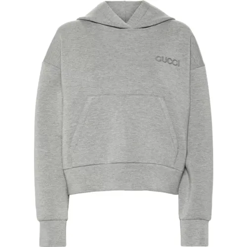 Grauer Pullover mit Kapuze und Logopatch - Gucci - Modalova