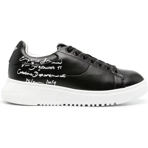 Schwarze Calligraphy Print Ledersneakers , Damen, Größe: 39 EU - Emporio Armani - Modalova