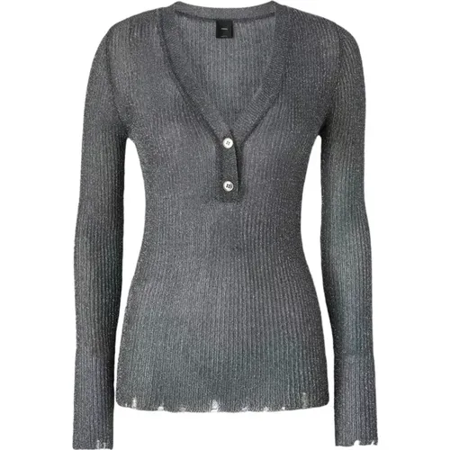 Gerippter V-Ausschnitt Pullover in Grau/Silber , Damen, Größe: L - pinko - Modalova