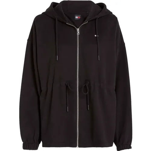 Schwarzer Zip Hoodie Sweatshirt , Damen, Größe: M - Tommy Jeans - Modalova