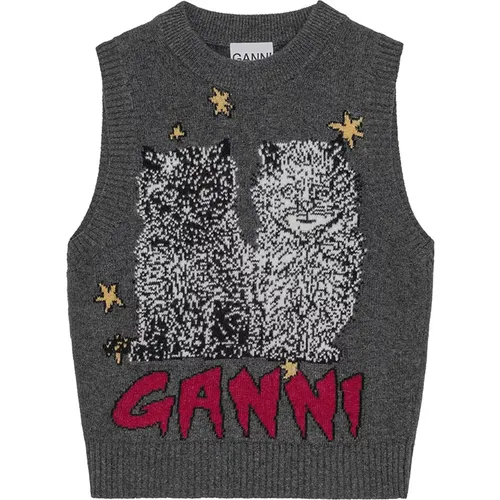 Round-neck Knitwear, female, , Size: XS Graphic Cats Wool Blend Vest - Ganni - Modalova