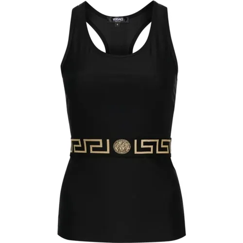 Schwarzes Signature Greca T-Shirt , Damen, Größe: S - Versace - Modalova