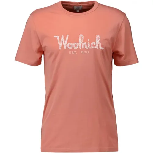 Korall T-Shirt mit gesticktem Logo , Herren, Größe: XL - Woolrich - Modalova