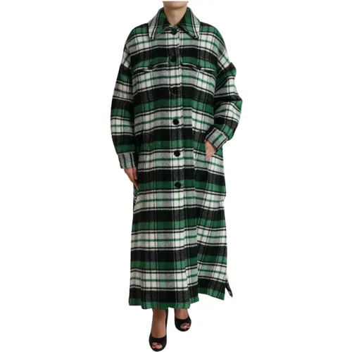 Single-Breasted Coats, female, , Size: XS Elegant Green Plaid Long Coat - Dolce & Gabbana - Modalova