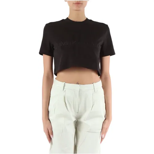 Cropped Cotton Viscose T-shirt , female, Sizes: XS, L, S, M - Calvin Klein Jeans - Modalova