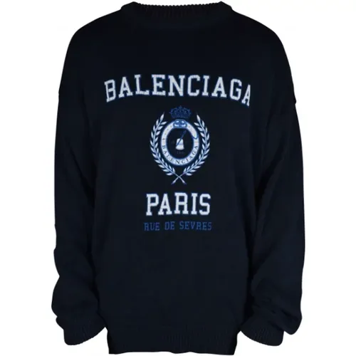 Navy Logo Print Sweater - Balenciaga - Modalova