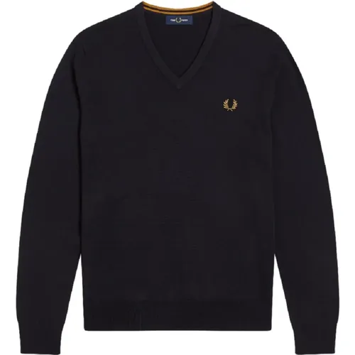 Blauer Merino V-Ausschnitt Pullover , Herren, Größe: L - Fred Perry - Modalova