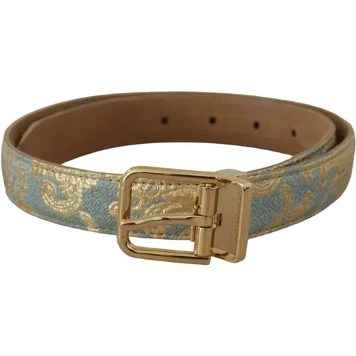 Belts, female, , Size: 65 CM Blue Leather Jacquard Embossed Gold Metal Buckle Belt - Dolce & Gabbana - Modalova