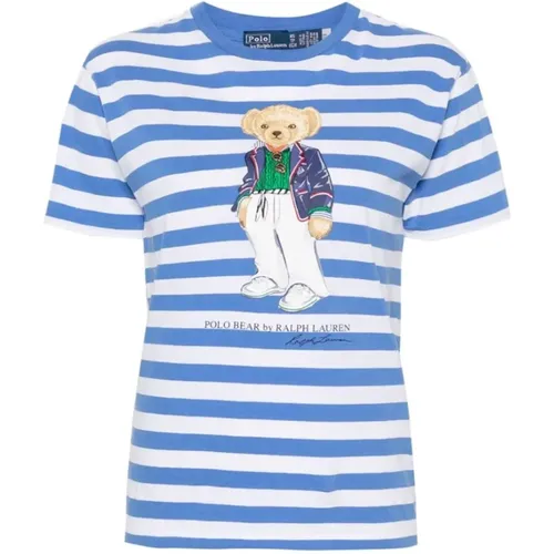 Blau/Grau Gestreiftes T-Shirt mit Polo Bear Print , Damen, Größe: S - Ralph Lauren - Modalova