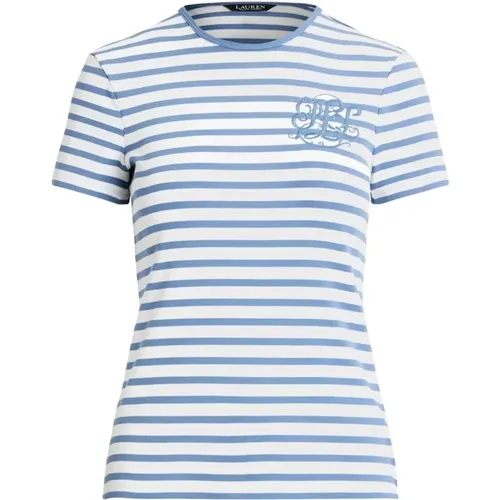 Weißes T-Shirt mit blauen Streifen und Logo , Damen, Größe: M - Ralph Lauren - Modalova