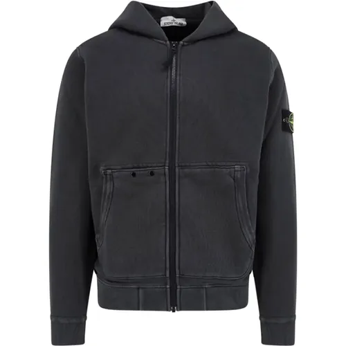 Zip-throughs, male, , Size: L Logo Patch Cotton Hooded Sweatshirt - Stone Island - Modalova