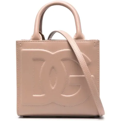 Puderrosa Lederhandtasche mit Logo-Prägung - Dolce & Gabbana - Modalova