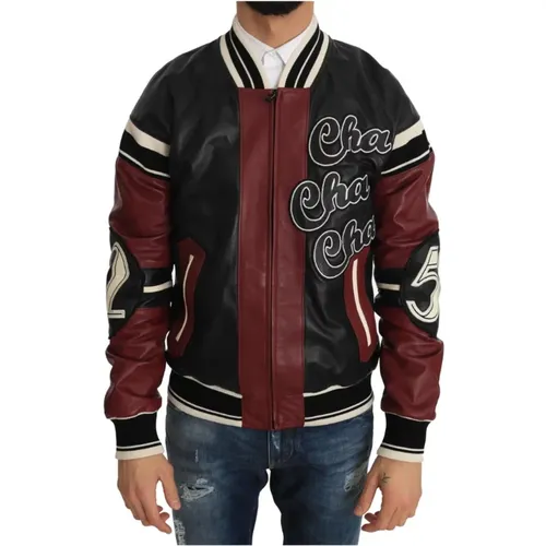 Bomber Jackets, male, , Size: XS Black Red Leather Club Lounge Jacket - Dolce & Gabbana - Modalova