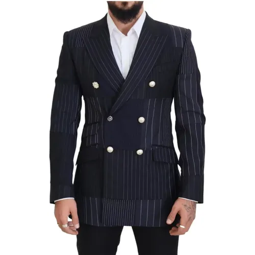 Blazers, male, , Size: L Navy Blue Peak Lapel Wool Blazer - Dolce & Gabbana - Modalova