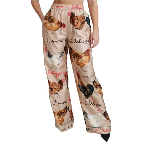 Hen Chicken Silk Pajama Trouser Pants , female, Sizes: 2XS, S - Dolce & Gabbana - Modalova