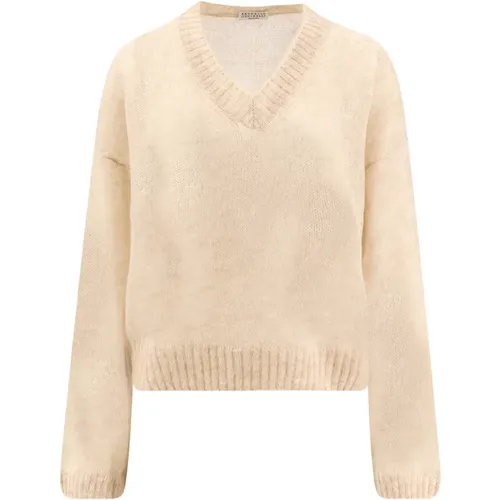 V-neck Knitwear, female, , Size: M Wool Mohair Sweater - BRUNELLO CUCINELLI - Modalova