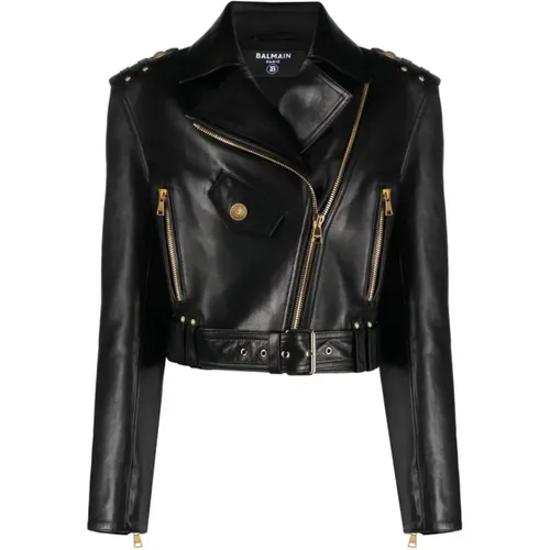 Cropped Leather Biker Jacket , female, Sizes: S, M - Balmain - Modalova