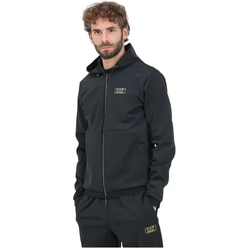 Schwarzer Zip-Hoodie Pullover Logo , Herren, Größe: L - Emporio Armani EA7 - Modalova