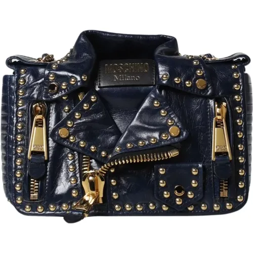 Nieten Biker Schultertasche Blau , Damen, Größe: ONE Size - Moschino - Modalova