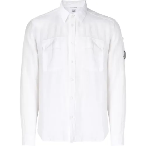Weiße Leinenhemd Spitzer Kragen , Herren, Größe: M - C.P. Company - Modalova