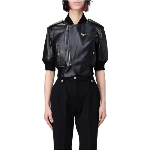 Leather Jackets, female, , Size: S Cropped Asymmetrical Leather Jacket - Versace Jeans Couture - Modalova