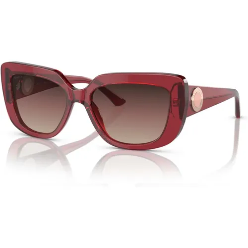 Einzigartige Rechteckige Sonnenbrille mit Rot Transparentem Rahmen und Verlaufspurpur Linsen , Damen, Größe: 55 MM - Bvlgari - Modalova