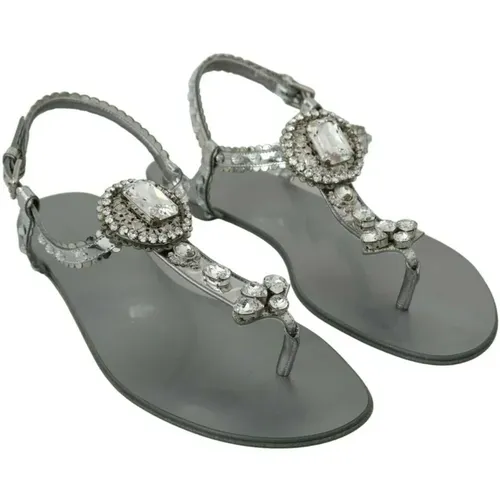 Flat Sandals, female, , Size: 7 US Silver Crystal Flip Flops - Glamorous and Authentic - Dolce & Gabbana - Modalova