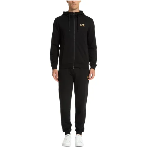 Training Sets, male, , Size: M Plain Hooded Tracksuit with Drawstring Closure - Emporio Armani EA7 - Modalova