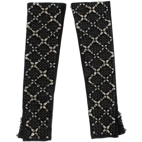 Schwarze Lederhandschuhe mit Kristallperlen - Dolce & Gabbana - Modalova