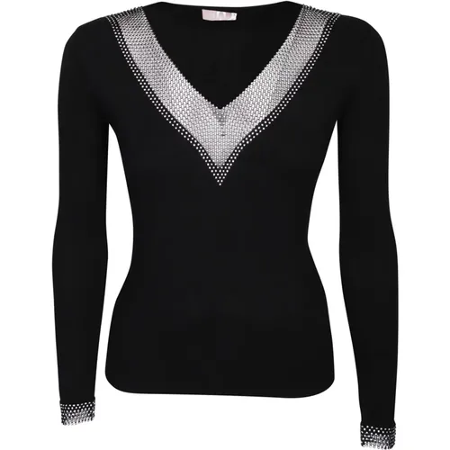 Schwarzer Rhinestone V-Ausschnitt Pullover - Liu Jo - Modalova