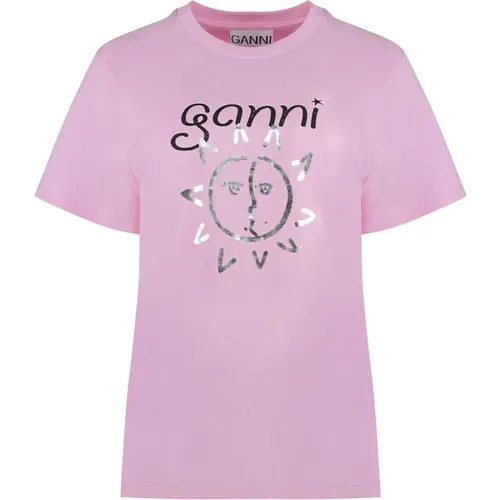 Kontrastierendes Druck Baumwoll T-Shirt , Damen, Größe: 2XS - Ganni - Modalova