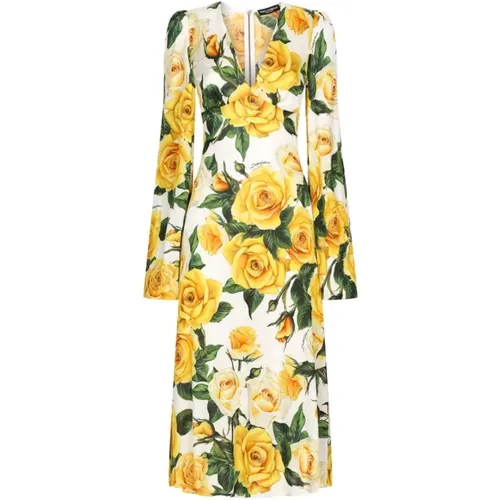 Rose Print V-Neck Dress , female, Sizes: M, S - Dolce & Gabbana - Modalova