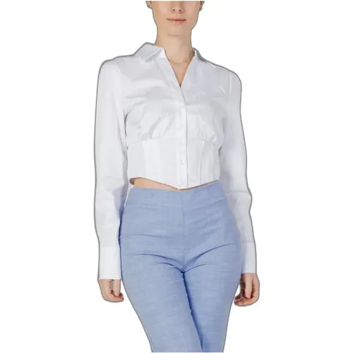 Weißes V-Ausschnitt Shirt mit Knopfleiste , Damen, Größe: L - Guess - Modalova