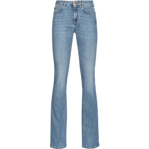 Ausgestellte blaue Stretch-Denim-Jeans mit Love Birds Stickerei - pinko - Modalova