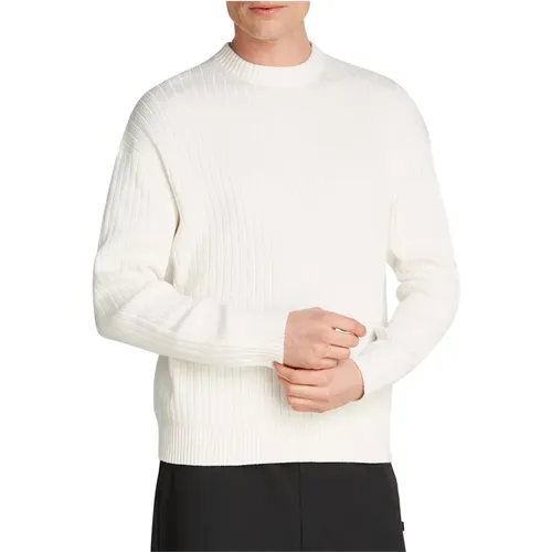 Round-neck Knitwear, male, , Size: XS Ivory Ribbed Sweater Linear Style - Calvin Klein - Modalova