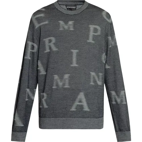 Round-neck Knitwear, male, , Size: L Monogram Sweater Fine Knit All-Over Logo - Emporio Armani - Modalova