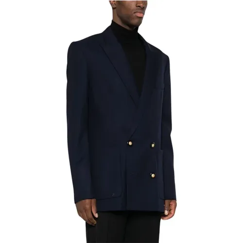 Blazers, male, , Size: L Navy Double-Breasted Wool Blazer - Balmain - Modalova