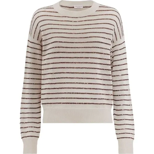Beige Cotton Sweater with Sequin Embroidered Stripes , female, Sizes: M, S, L - BRUNELLO CUCINELLI - Modalova